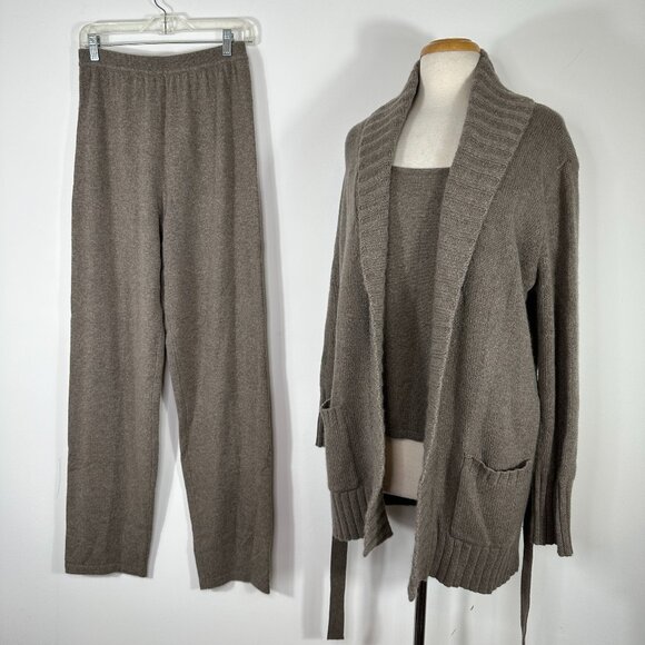 NWT Neiman Marcus 100% Cashmere 3pc Set: Cardigan/Top/Pant Size M/L Light Brown - Picture 1 of 16